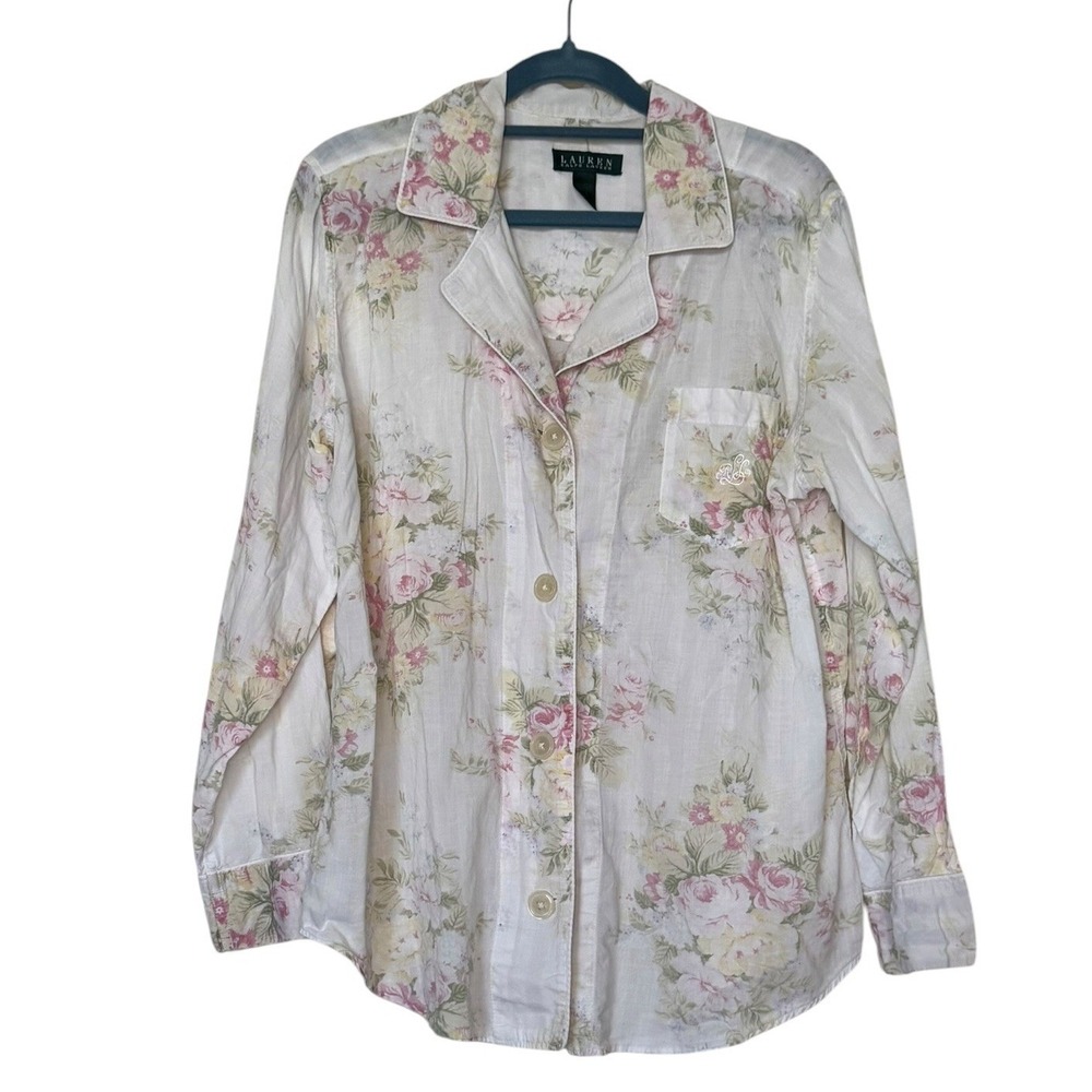 Lauren Ralph Lauren Cotton Floral Pajama Top Pink Cream Monogram Button Down